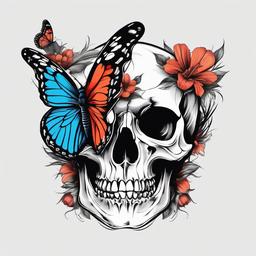 skull with butterfly drawing  simple color tattoo, minimal, white background