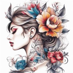 Flower neck tattoo, Artistic neck tattoos featuring flowers. ,colorful, tattoo pattern, clean white background