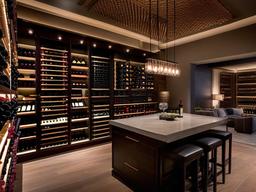 In the wine cellar, High Tech interior design features temperature-controlled storage, modern decor, and advanced lighting that creates a unique space for wine enthusiasts to enjoy.  