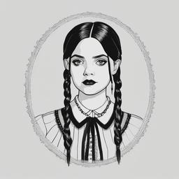 drawing of Wednesday Addams in her iconic dress  minimal rough sketch scribbles,doodles,black and white