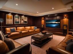 A media room designed with vintage interior design features classic seating, retro decor, and warm lighting that enhances the cinematic experience in a charming setting.  