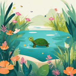 Little Turtle - Playfully exploring a garden pond, the little turtle navigates its miniature world with curiosity and wonder.  vector art, clipart, minimal