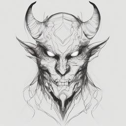 drawing of a demon with glowing eyes  minimal rough sketch scribbles,doodles,black and white