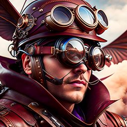 steampunk aviator with leather goggles, piloting a fantastical flying machine. 