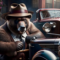 a large, angry, and scary gangster grizzly bear from the 1930s wearing a mobster's suit and mobster's hat and sunglasses is smoking a cigar while holding a tommy gun leaning against an old school 1930s mobster's car, photo realistic, hyper-realism, ultra hyper realistic photo realism, professional photography, 1930s large, scary, and scary grizzly bear dressed as a gangster