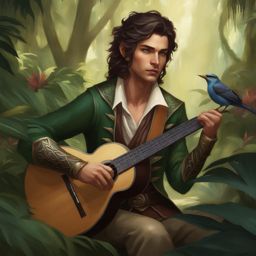 zephyr windrider, a half-elf bard, is charming a dangerous creature with a captivating song in a dense jungle. 