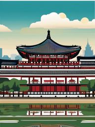 Seoul clipart - Gyeongbokgung Palace and Seoul skyline,  color vector clipart