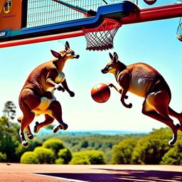 kangaroos attempting a slam dunk competition, bouncing wildly and missing the hoop entirely. 