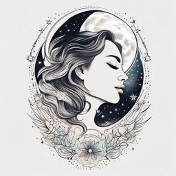 Moon and stars tattoo: Celestial beauty captured in a design that speaks to dreams and celestial guidance.  color tattoo style, minimalist, white background