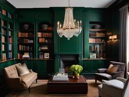 Georgian-style library featuring Restoration Hardware mahogany shelves, Benjamin Moore deep green walls, and a custom Waterford Crystal chandelier.  