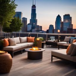 Rooftop Patio Lounge - Rooftop patio lounge with comfortable seating and skyline views. realistic, professional photography, bokeh, natural lighting, canon lens, shot on dslr 64 megapixels sharp focus