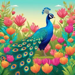 Cute Peacock in a Vibrant Garden  clipart, simple