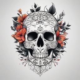 Floral Skull Tattoo - Tattoo featuring a combination of a skull and floral elements.  simple color tattoo,minimalist,white background