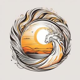 Sun and Wave Tattoo - Capture the harmony of the sun and waves in a stunning tattoo design.  simple vector color tattoo,minimal,white background