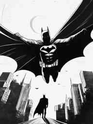 drawing of Batman with the Bat-Signal in the sky  minimal rough sketch scribbles,doodles,black and white