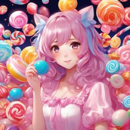Playful anime character in a candy wonderland. , aesthetic anime, portrait, centered, head and hair visible, pfp