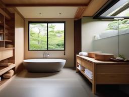 Japanese bathroom showcases natural materials, minimalist fixtures, and a soaking tub, promoting a serene and harmonious environment.  