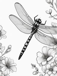 drawing of a dragonfly with flowers  minimal rough sketch scribbles,doodles,black and white