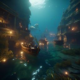 Group of adventurers searches for legendary city hidden beneath the ocean. ultra realistic,unreal engine 4,Depth of Field