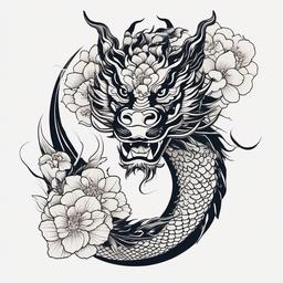 Japanese Dragon with Flowers Tattoo - Dragon with flowers in Japanese tattoo style.  simple color tattoo,white background,minimal