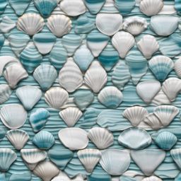 Seashell-patterned porcelain tiles with a delicate, underwater sheen top view, product photoshoot realistic background, hyper detail, high resolution