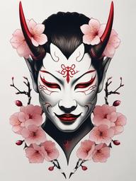 Hannya Mask Cherry Blossom Tattoo - Fierce, delicate, symbolic duality.  simple color tattoo,white background,minimal