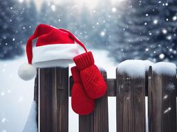 Christmas wallpaper - Santa's hat and mittens resting on a wooden fence in the snow  aesthetic background wallpaper