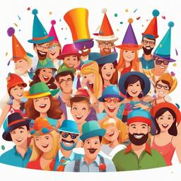 Cartoon party with people wearing silly hats clipart.  vector style illustration, white background