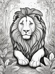 Lion Coloring Pages - Lion in a magical forest with sparkling lights  simple coloring pages