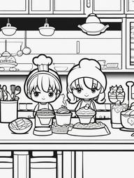 Kawaii Cooking Coloring Pages - Adorable Characters Making Delicious Treats  minimal black outline printable sheet, coloring page