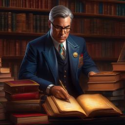 Secret society of librarians guards books with dangerous knowledge. hyperrealistic, intricately detailed, color depth,splash art, concept art, mid shot, sharp focus, dramatic, 2/3 face angle, side light, colorful background