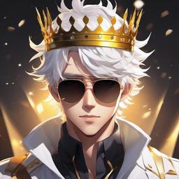 White messy hair, white male, golden crown and sunglasses  front facing ,centered portrait shot, cute anime color style, pfp, full face visible
