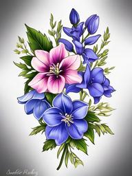 April and July Birth Flower Tattoo-Celebrating the beauty of April and July with a birth flower tattoo, featuring larkspur and expressing love, positivity, and joy.  simple vector color tattoo