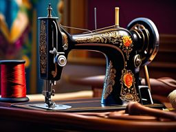Sewing Machine - An old-fashioned sewing machine with a foot pedal hyperrealistic, intricately detailed, color depth,splash art, concept art, mid shot, sharp focus, dramatic, 2/3 face angle, side light, colorful background