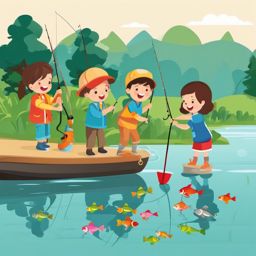 Kids' Fishing Day clipart - Excited kids learning to fish by the lake., ,vector color clipart,minimal