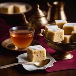 semolina halva, a sweet turkish dessert, devoured at a traditional tea house in istanbul. 