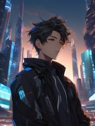 Confident anime boy in a futuristic city. , aesthetic anime, portrait, centered, head and hair visible, pfp