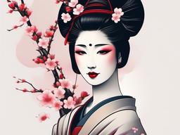 Geisha and Cherry Blossom Tattoo - Geisha with cherry blossoms tattoo.  simple color tattoo,white background,minimal