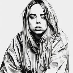 drawing of Billie Eilish with a unique fashion style  minimal rough sketch scribbles,doodles,black and white