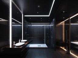 A master bathroom with cyberpunk interior design incorporates sleek fixtures, dark tiles, and illuminated mirrors that evoke a luxurious and modern atmosphere for relaxation.  