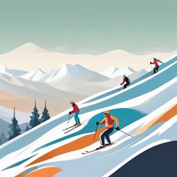 Snow Skiing Slope Clipart - Skiers on a snowy mountain slope.  color vector clipart, minimal style