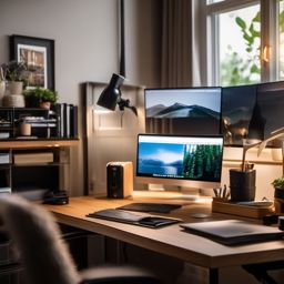 Home Office Setup - Organized and productive home office with ergonomic furniture and ample storage. realistic, professional photography, bokeh, natural lighting, canon lens, shot on dslr 64 megapixels sharp focus