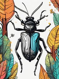 drawing of a colorful bug in a forest  minimal rough sketch scribbles,doodles,black and white