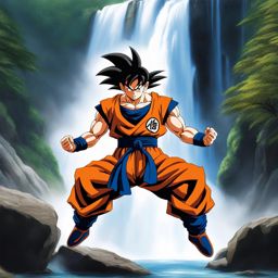 goku trains vigorously under the cascading waterfalls of a remote mountain. 