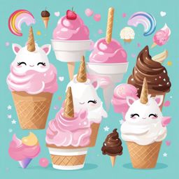 Unicorn Ice Cream Clipart - Delightful unicorn-themed ice cream illustrations for sweet and magical designs.  vector art, clipart, minimal