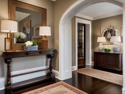 In the entryway, traditional interior design showcases a beautiful console table, framed artwork, and a classic area rug that provide a warm welcome to guests.  