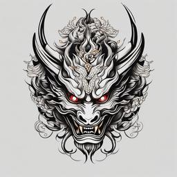 Hannya Dragon Tattoo - Blends the symbolic Hannya mask with a dragon motif, creating a powerful and mythical tattoo design.  simple color tattoo,white background,minimal