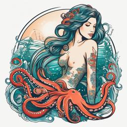 Mermaid and Octopus Tattoo - Showcase the underwater world with a tattoo featuring a mermaid and an octopus.  simple vector color tattoo,minimal,white background