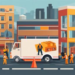 Moving Truck with Crew Clipart - A moving truck with a moving crew.  color vector clipart, minimal style