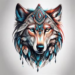 Indian Wolf Tattoo,tattoo inspired by indigenous cultures and featuring the majestic wolf. , color tattoo design, white clean background